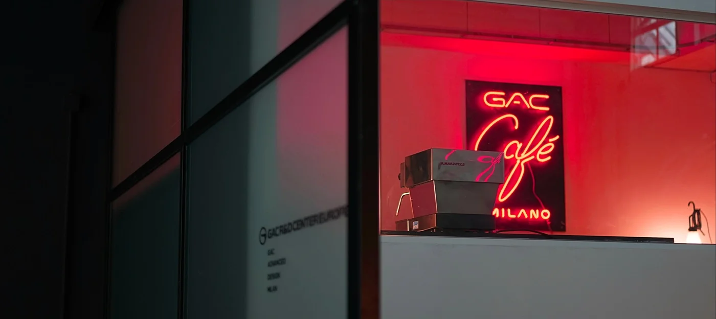 GAC Café neon sign at the GAC Advanced Design studio in Milan